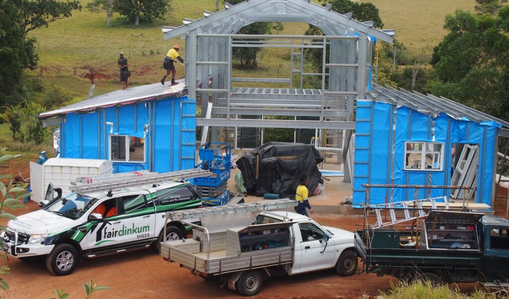 Large farm shed under construction.